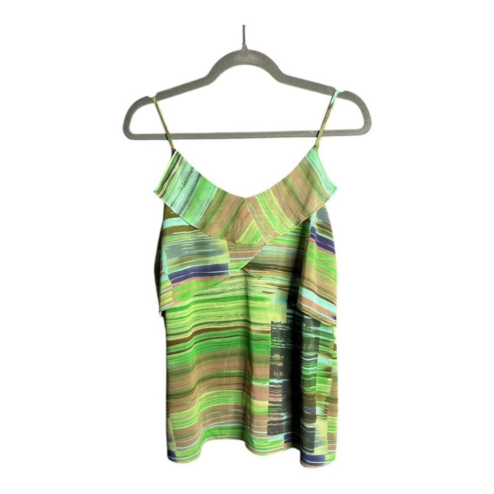 Cabi Green Striped Camisole With Ruffle Detail & Adjustable Straps Small